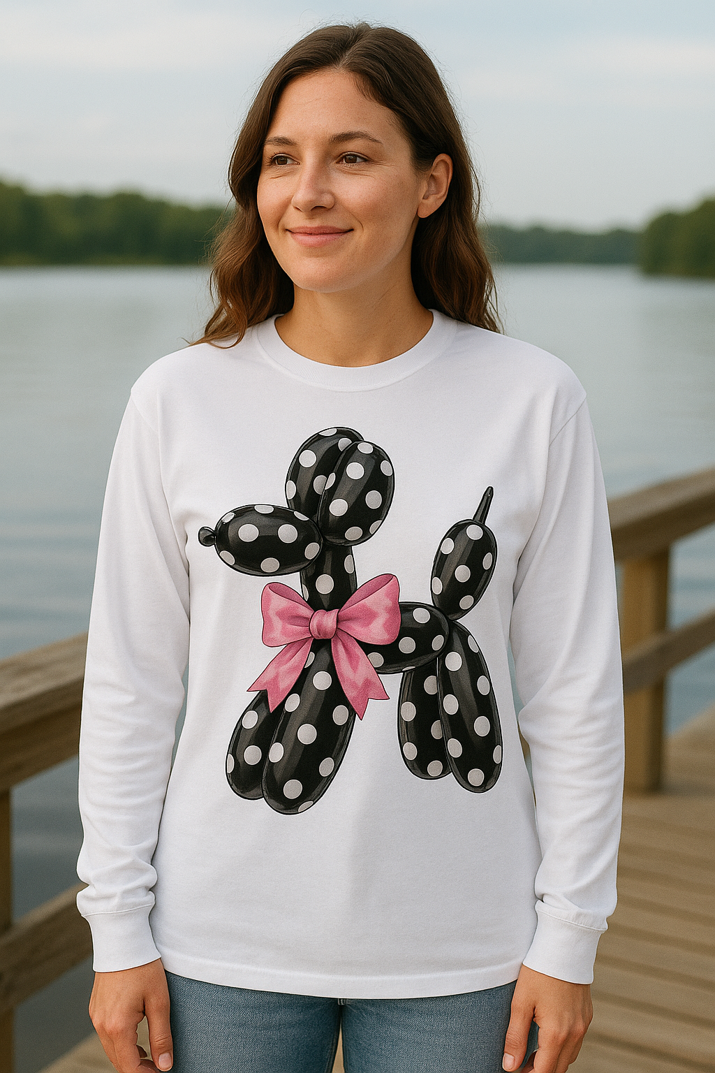 Polka Dot Balloon Dog Long Sleeve T-Shirt - Cute White Graphic Tee With Pink Bow