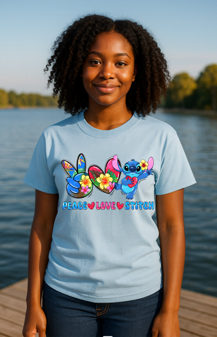 Peace Love Stitch In This Bright Colorful Women’s Tshirt CLEARANCE LAST ONE
