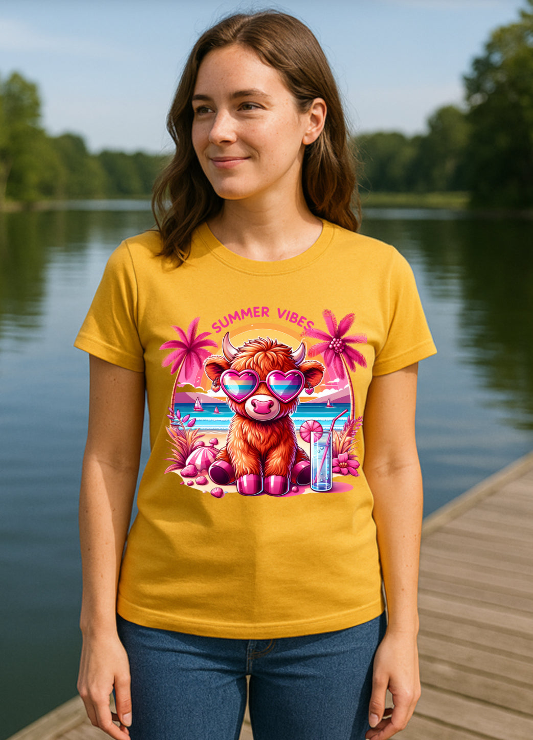 Summer Vibes Highland Cow Shirt - Cute Graphic Tee LAST ONE CLEARANCE $10