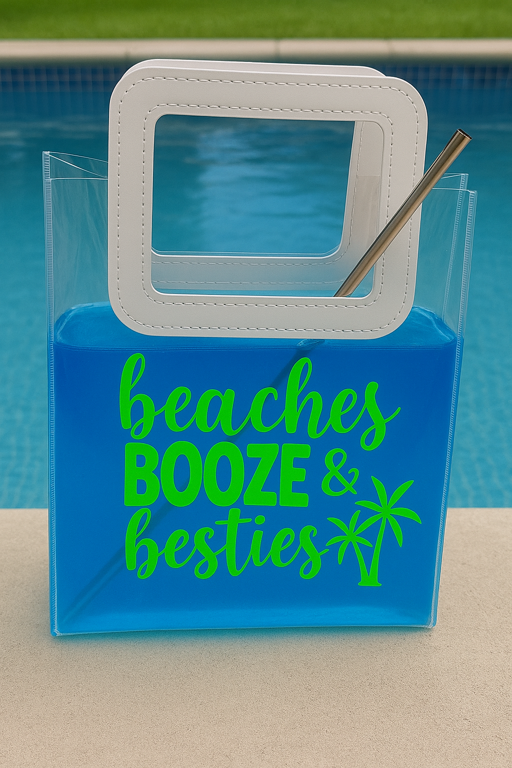 Beaches, Booze & Besties - Booze Bag - Fun Summer Drink Purse with Straw, Poolside Party Bag for Women