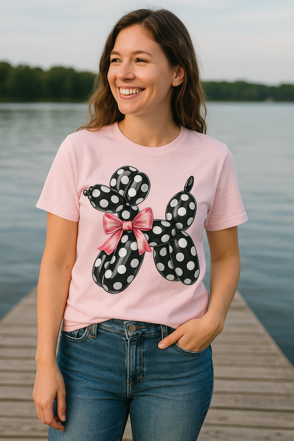 Pink Polka Dot Balloon Dog Short Sleeve T-Shirt with Bow - Cute Graphic Tee For Women