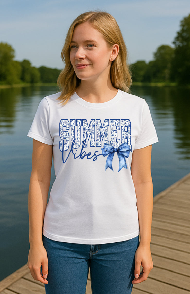 Summer Vibes and Bow Graphic Tee for Women CLEARANCE LAST ONES