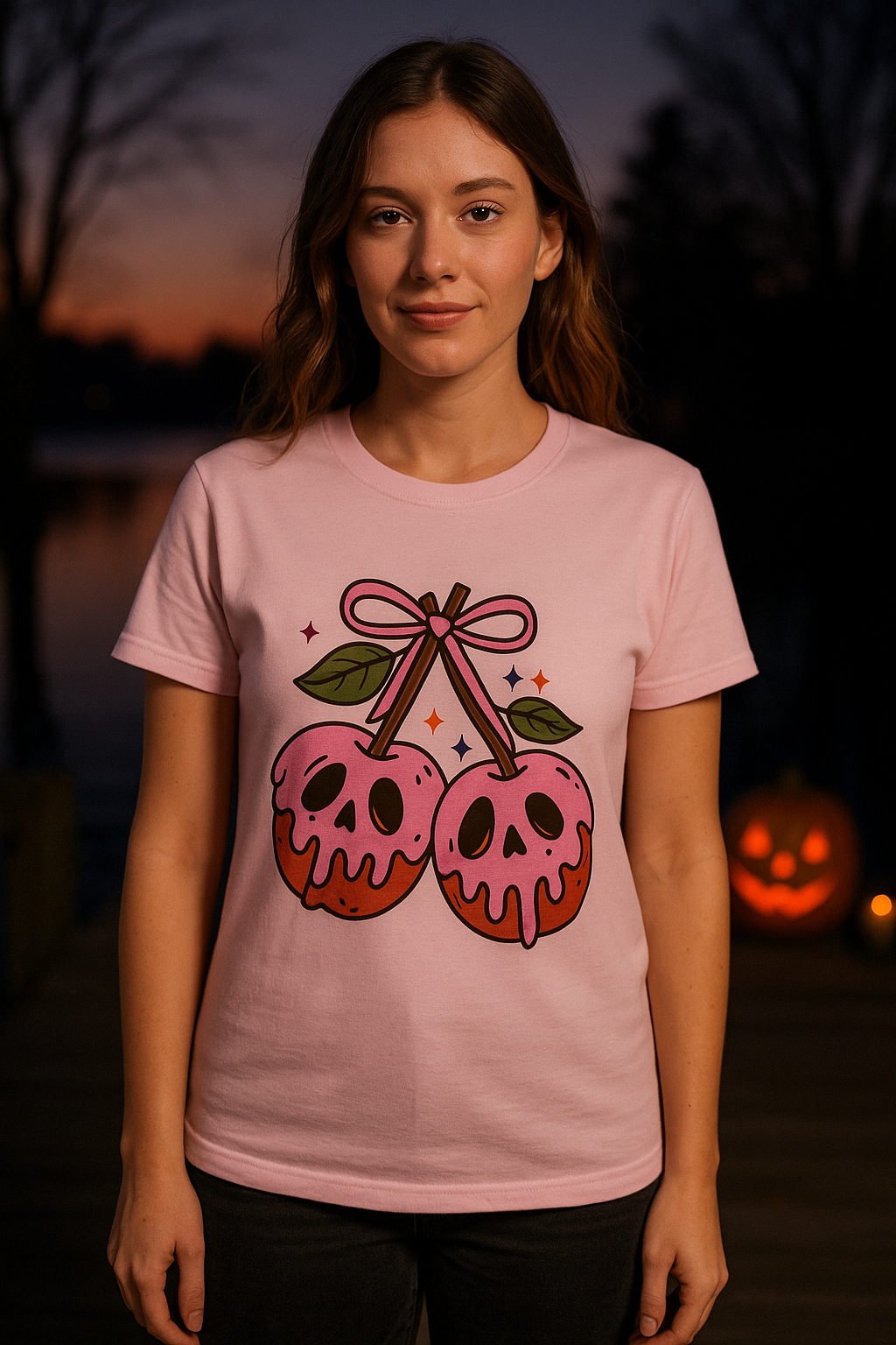 Spooky Scary Cherry Skulls Halloween T-Shirt - Pink Poison Apple Women’s Tee