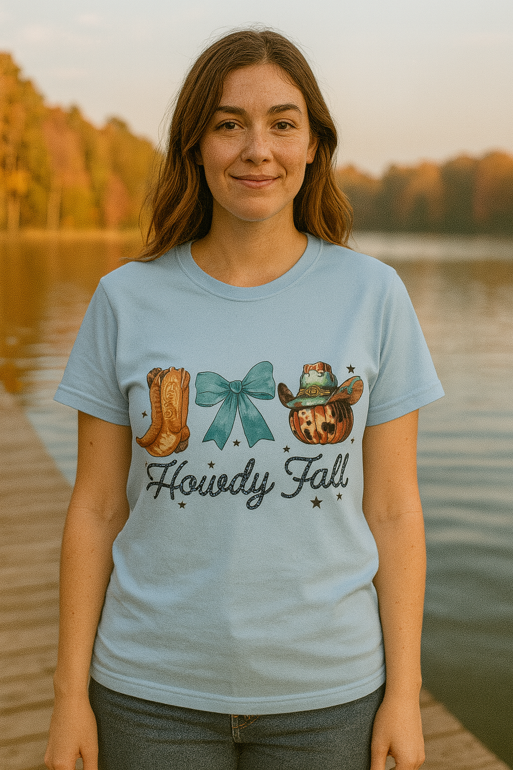 Howdy Fall Graphic Tee - Women’s Cowboy Boots and Pumpkin Autumn T-shirt