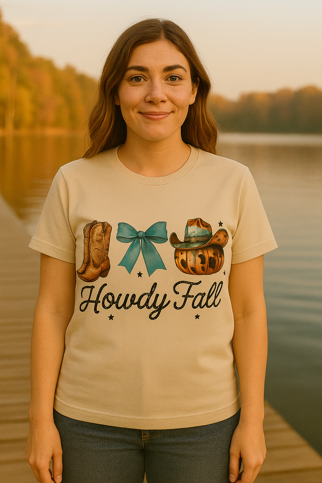 Howdy Fall Graphic Tee - Women’s Cowboy Boots and Pumpkin Autumn T-shirt