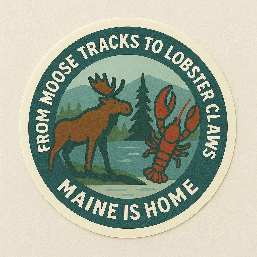 Celebrate Maine with this “From Moose 🫎 Tracks to Lobster 🦞 Claws - Maine is home” vinyl sticker.