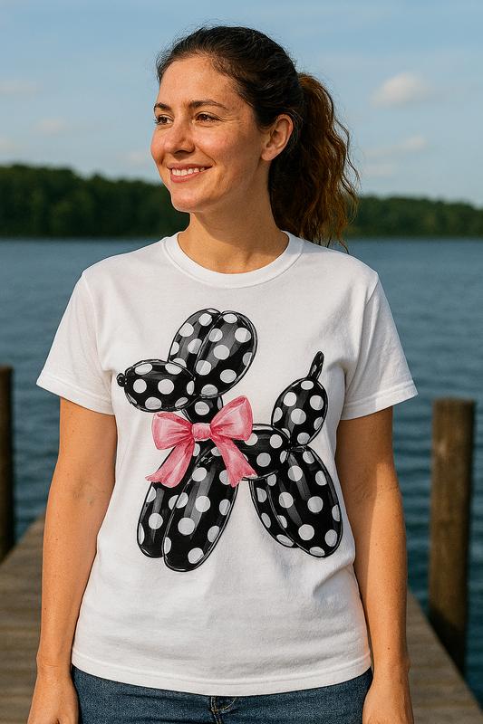 Pink Polka Dot Balloon Dog Short Sleeve T-Shirt with Bow - Cute Graphic Tee For Women