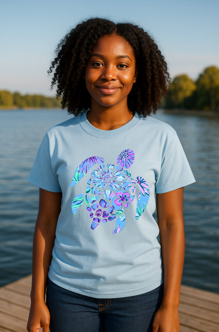 Floral Sea Turtle T-shirt - Tropical Ocean Vibes Summer Tee Clearance Last One
