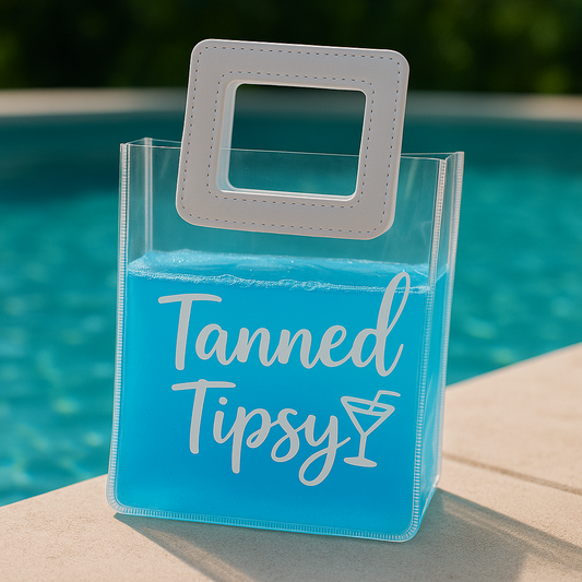 Tanned and Tipsy Booze Large Bag 7” x 8” - Clear Adult Beverage Purse With Straw - Funny Summer Wine Bag For Beach Or Poolside.