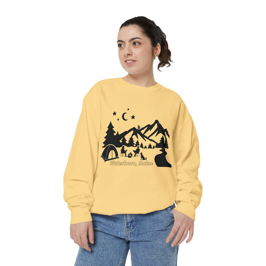 Waterboro, Maine Camping Unisex Garment-Dyed Sweatshirt