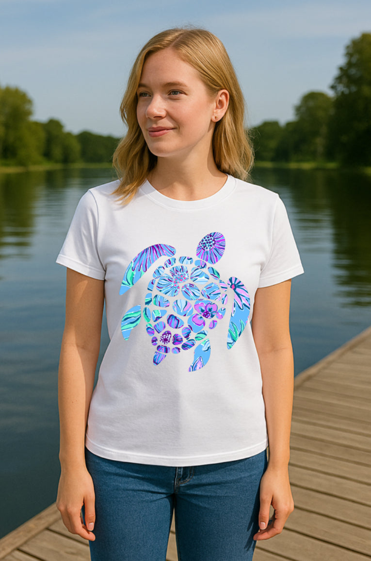 Floral Sea Turtle T-shirt - Tropical Ocean Vibes Summer Tee Clearance Last One