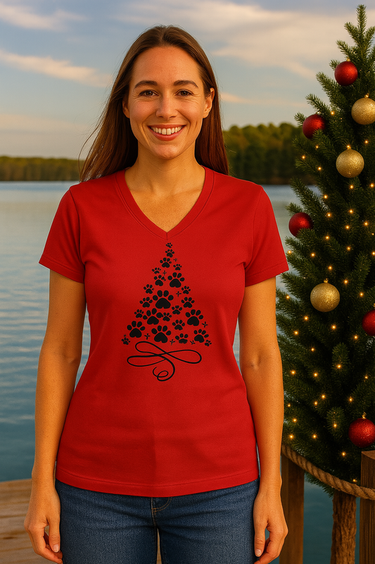 Paw Print Christmas Tree T-Shirt - Red Holiday Women’s Graphic Tee for Dog & Cat Lovers.