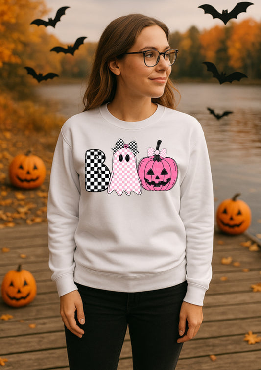 Pink Ghost and Halloween Sweatshirt - Fall Graphic Crewneck