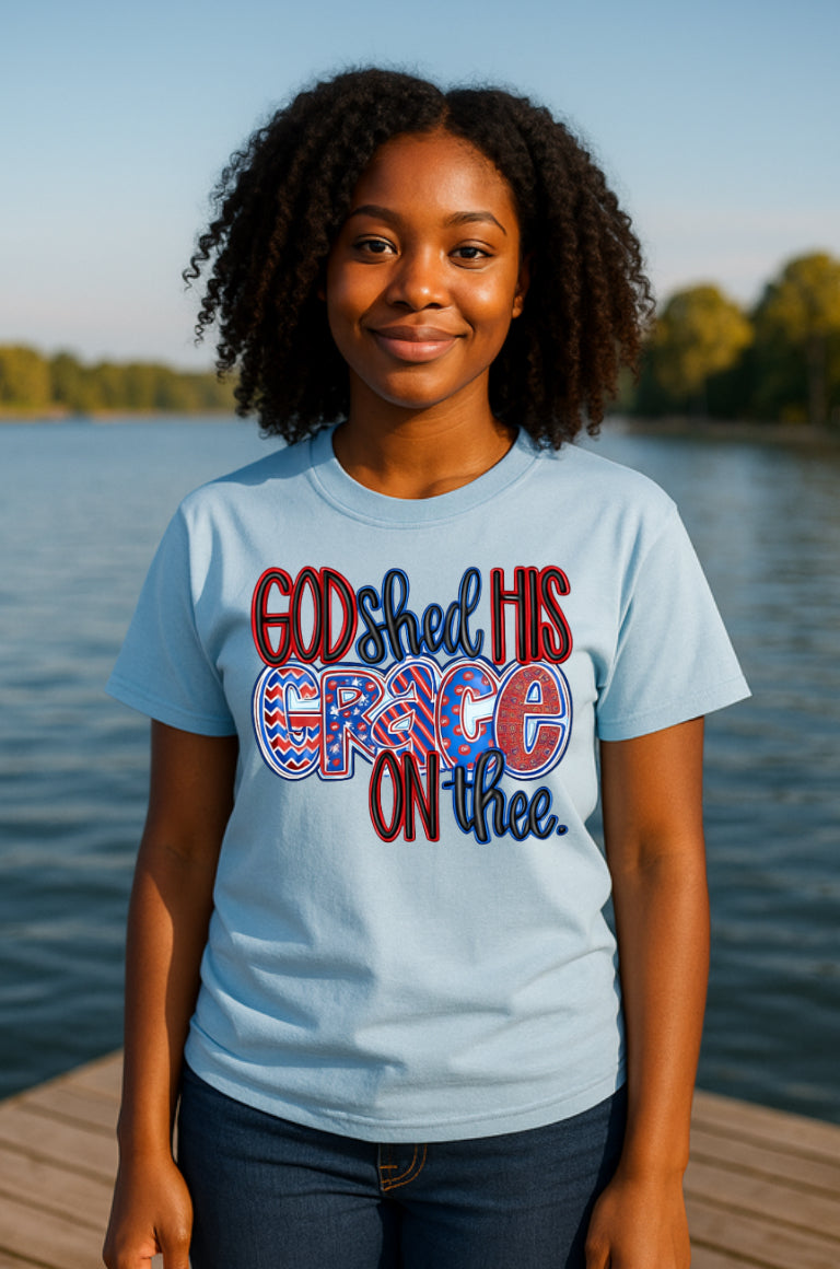 God Shed His Grace on Thee Women’s Patriotic Graphic T-Shirt Now On Clearance