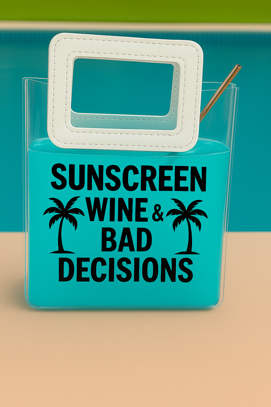 Sunscreen Wine & Bad Decisions Booze Bag - Clear Adult Beverage Purse With Straw - Summer Pool Party Beverage Bag