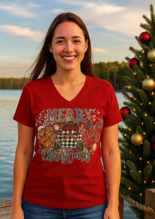 Merry Christmas Paw T-Shirt - Holiday Pet Lover Graphic Tee for Women