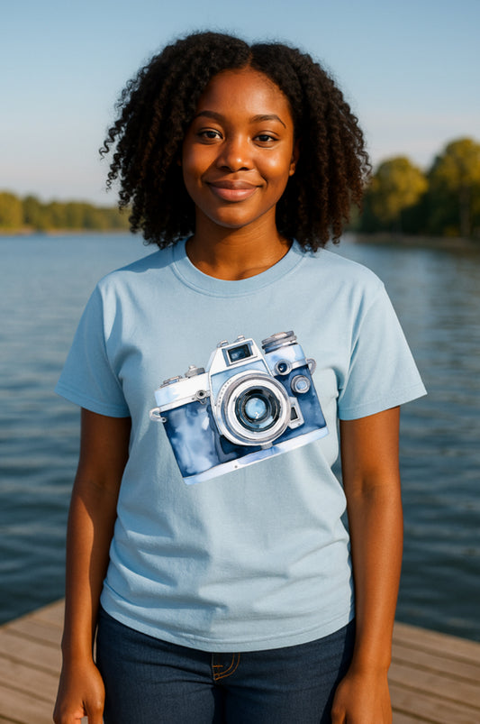 Vintage Camera T-Shirt - Blue Watercolor Photographer Graphic Tee