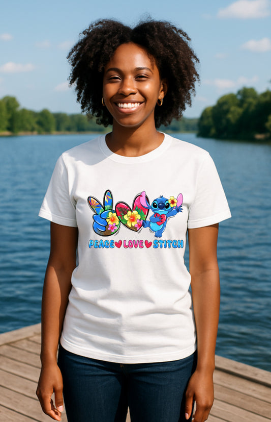 Peace Love Stitch In This Bright Colorful Women’s Tshirt CLEARANCE LAST ONE
