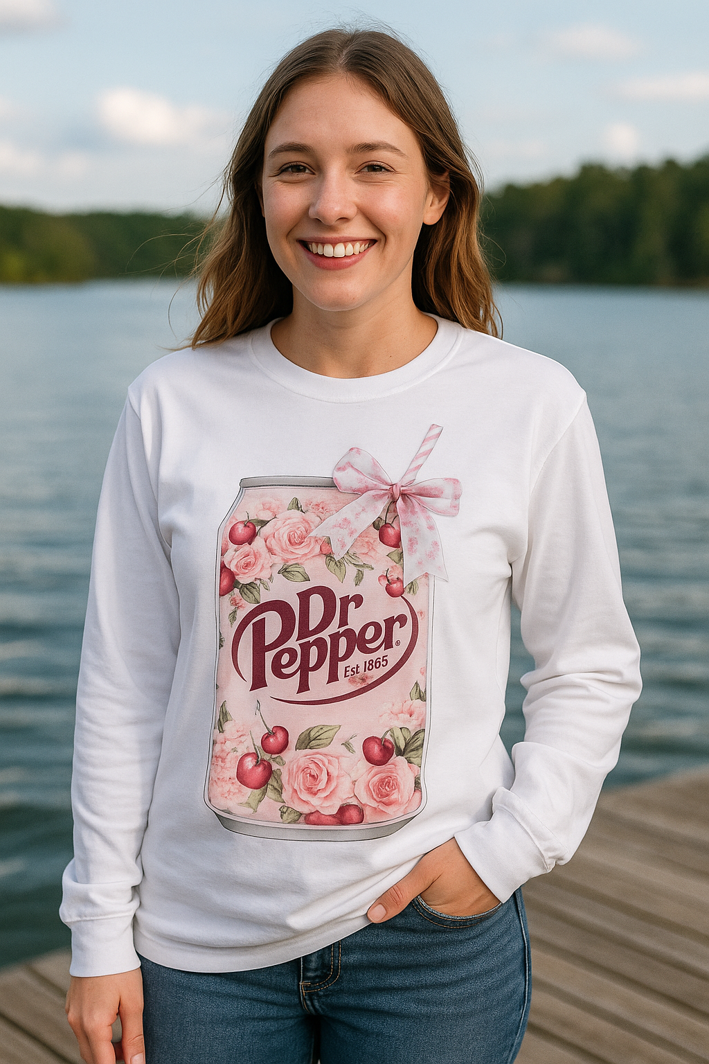 Vintage Dr Pepper Can Long Sleeve Shirt - Floral Cherry Bow Design - Soft Tee