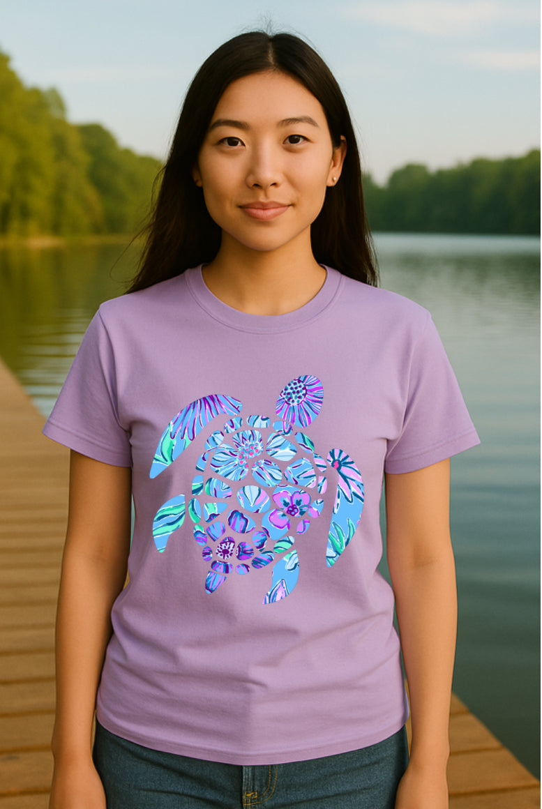 Floral Sea Turtle T-shirt - Tropical Ocean Vibes Summer Tee Clearance Last One