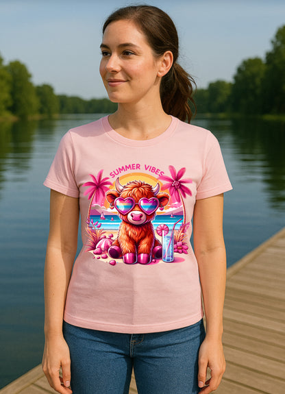 Summer Vibes Highland Cow Shirt - Cute Graphic Tee LAST ONE CLEARANCE $10