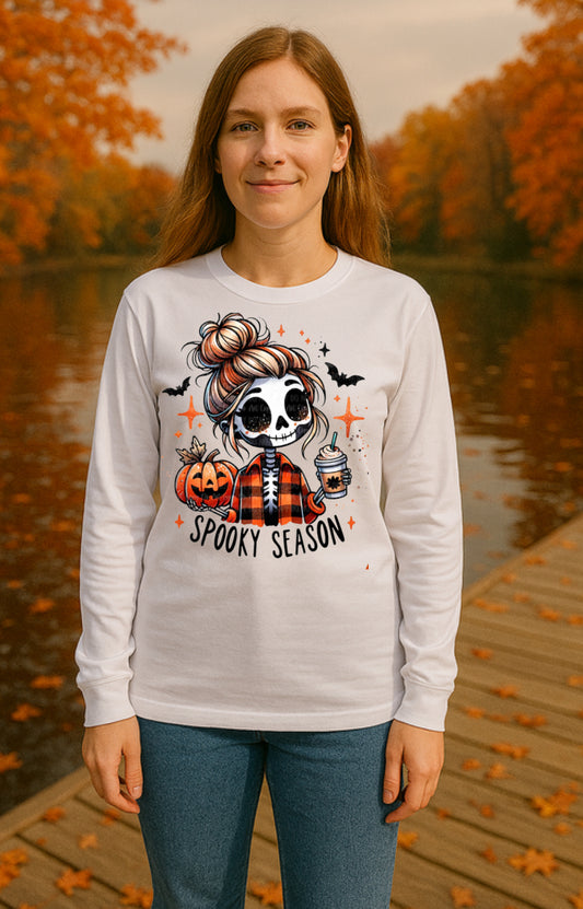 Cute Halloween Skeleton Girls Tee - Cozy Fall Long Sleeve T-Shirt