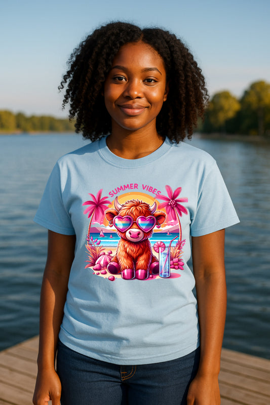 Summer Vibes Highland Cow Shirt - Cute Graphic Tee LAST ONE CLEARANCE $10
