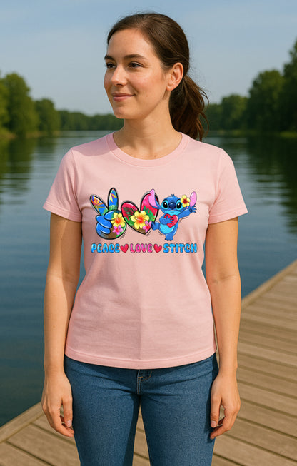 Peace Love Stitch In This Bright Colorful Women’s Tshirt CLEARANCE LAST ONE