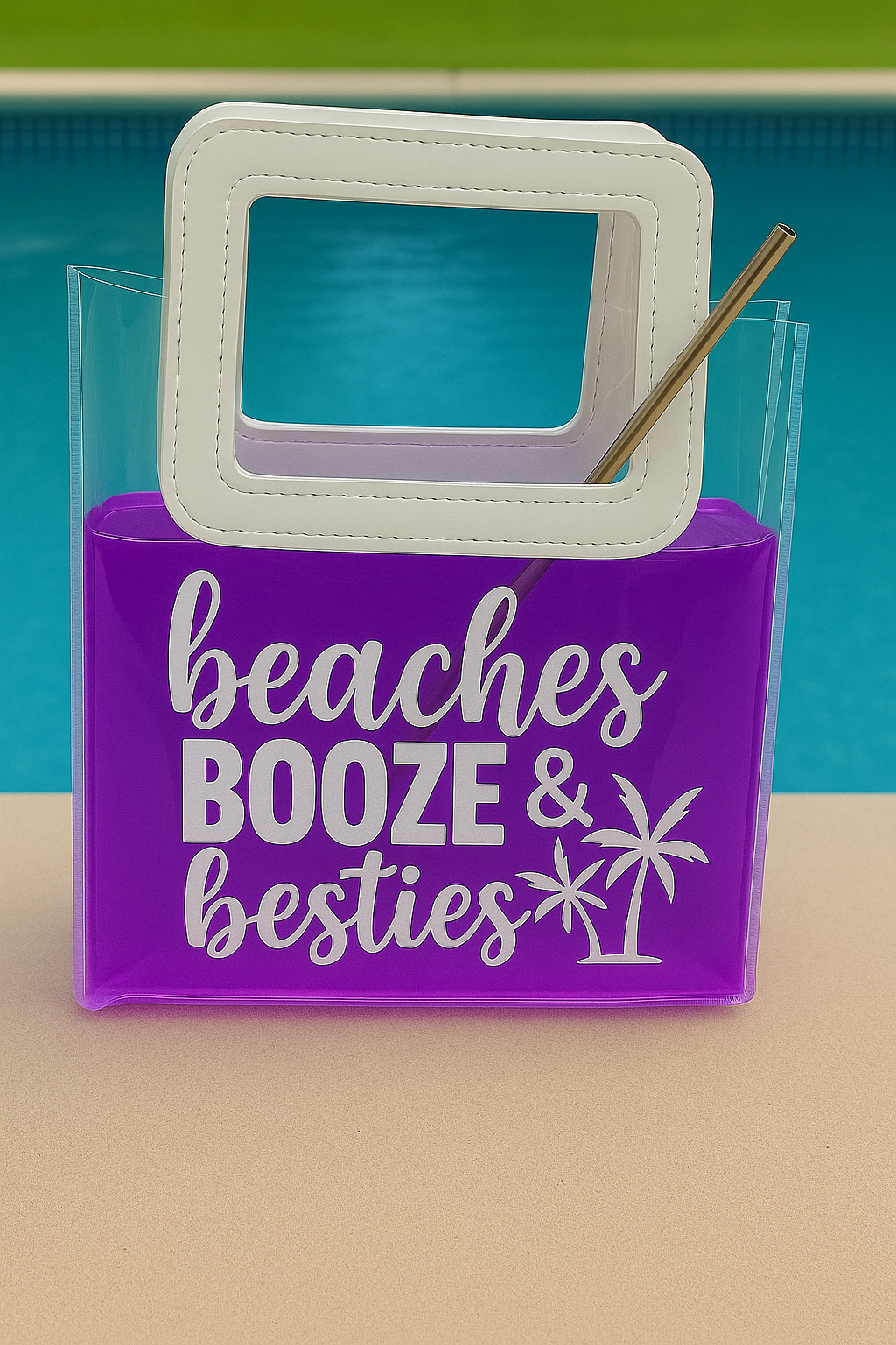 Beaches, Booze & Besties - Booze Bag - Fun Summer Drink Purse with Straw, Poolside Party Bag for Women