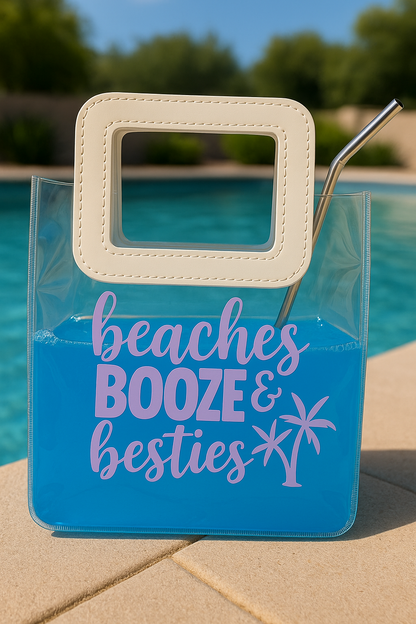 Beaches, Booze & Besties - Booze Bag - Fun Summer Drink Purse with Straw, Poolside Party Bag for Women