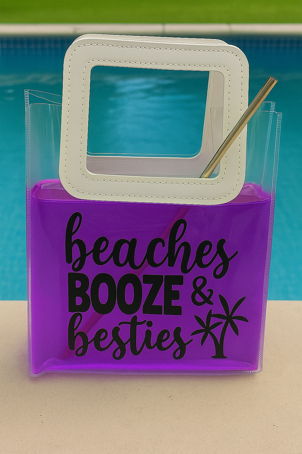 Beaches, Booze & Besties - Booze Bag - Fun Summer Drink Purse with Straw, Poolside Party Bag for Women