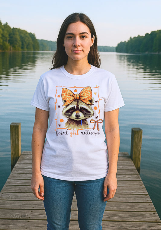 Feral Girl Autumn T-Shirt - Cute Fall Raccoon Graphic Tee With Leopard Bow and Pumpkins For Women