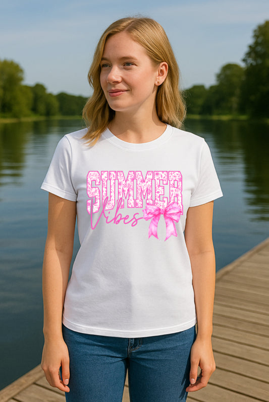Summer Vibes and Bow Graphic Tee for Women CLEARANCE LAST ONES