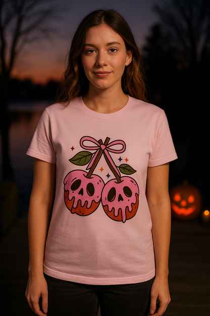 Spooky Scary Cherry Skulls Halloween T-Shirt - Pink Poison Apple Women’s Tee