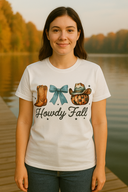 Howdy Fall Graphic Tee - Women’s Cowboy Boots and Pumpkin Autumn T-shirt