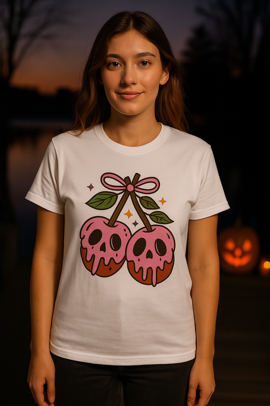 Spooky Scary Cherry Skulls Halloween T-Shirt - Pink Poison Apple Women’s Tee