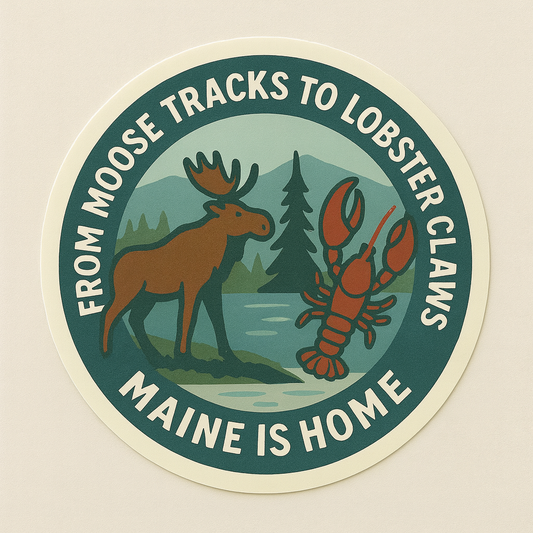 Celebrate Maine with this “From Moose 🫎 Tracks to Lobster 🦞 Claws - Maine is home” vinyl sticker.