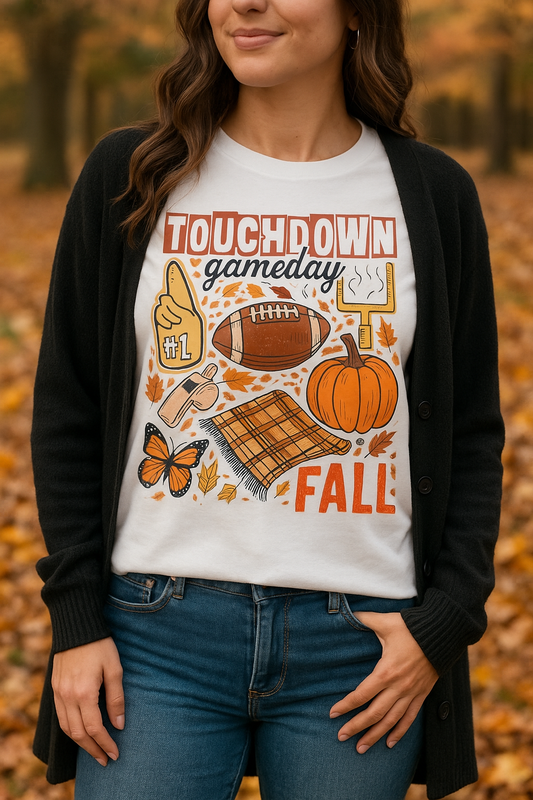 Touchdown Fall 🍁 Gameday 🏈 Cozy Autumn Long Sleeve T-shirt - With Pumpkin 🎃 and Plaid Design.