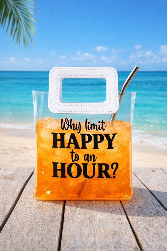 Reusable Beach Drink Pouch Bag – “Why Limit Happy to an Hour?” | Poolside Cocktail Bag with Straw | Funny Summer Gift